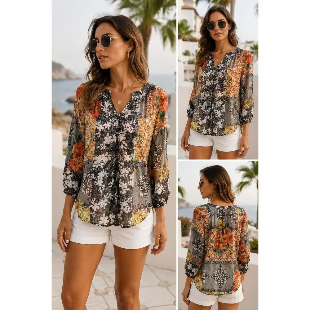 New Directions XL Boho Floral Patchwork Peasant Blouse Sheer Lightweight Top